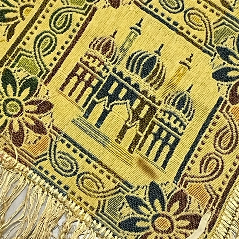 Vintage Yellow Silk Tapestry with Mosque/Equestrian Design. Wall hanging/throw.
